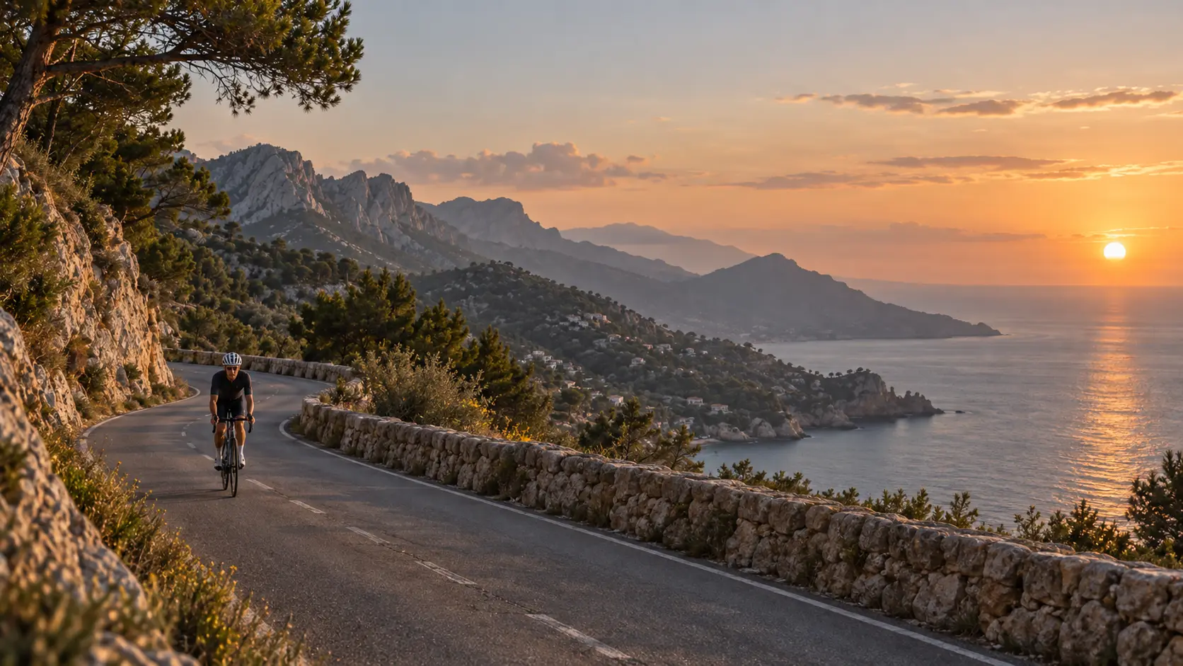 Rennradfahrer auf einer Küstenstrasse mit Steinmauer, Berge und Meer im Abendlicht